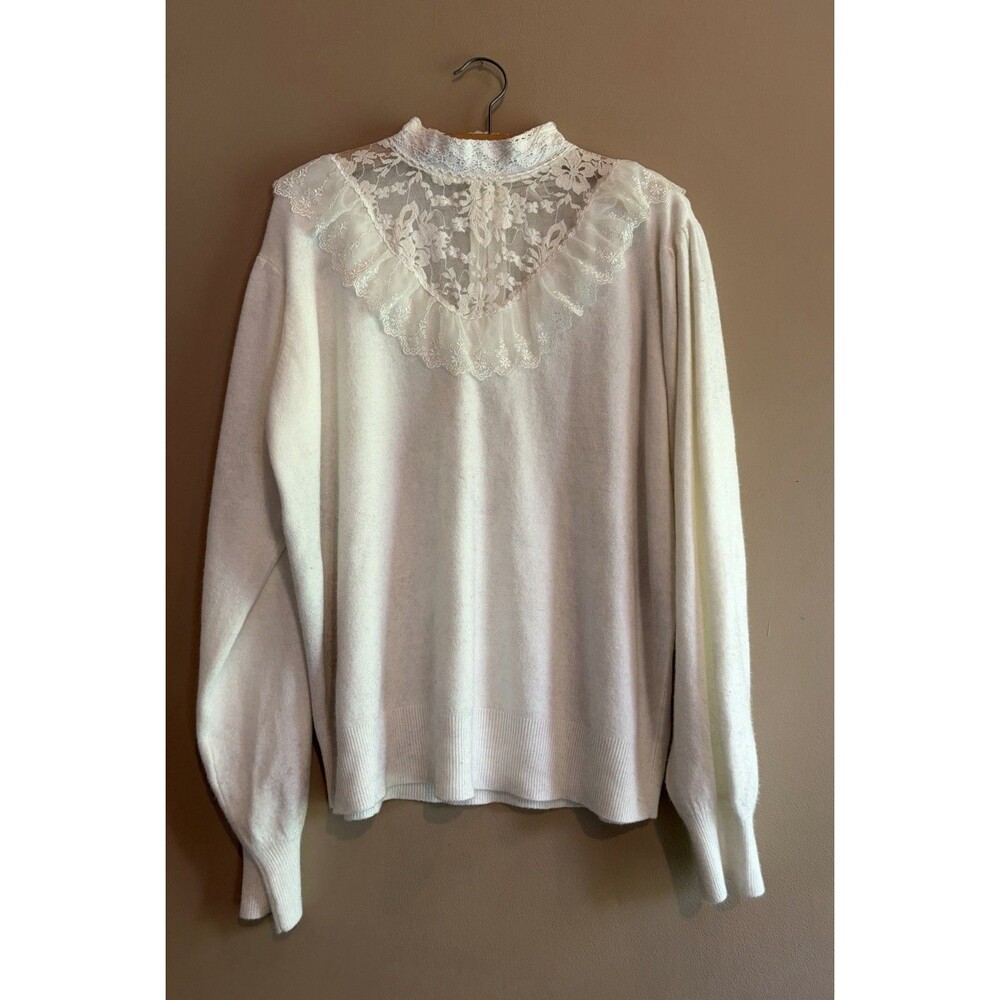 Maurada Vintage Lace Ruffle Collar High Neck‎ Sweater Women's Plus Size 2X Ivory